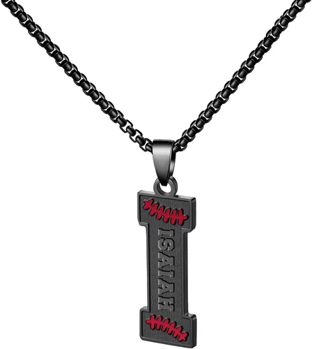 Vista 21 de Ldurian Collar personalizado con nombre de béisbol, cadena negra de acero inoxidable, collar con nombre deportivo, letra A-Z de 24 pulgadas, regalos