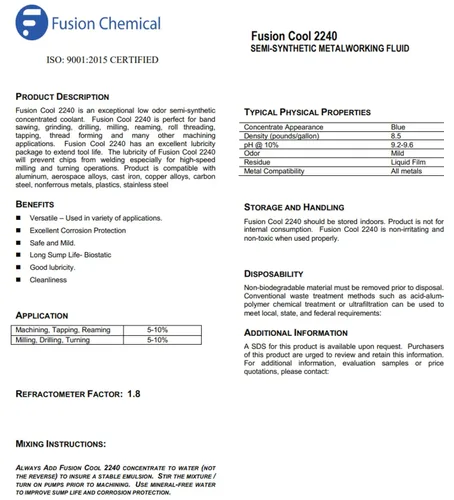 Vista 5 de Fusion Cool 2240 Refrigerante de uso general para operaciones de corte y rectificado en talleres de máquinas Semisintético (tambor de 55 galones)