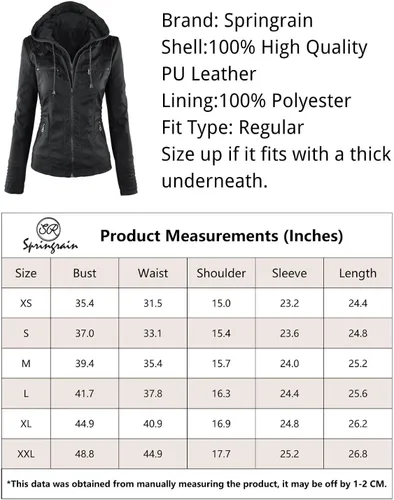 Vista 7 de Springrain Women's Faux Leather Jacket Moto Biker Coat with Detachable Hood Motorcycle Jacket