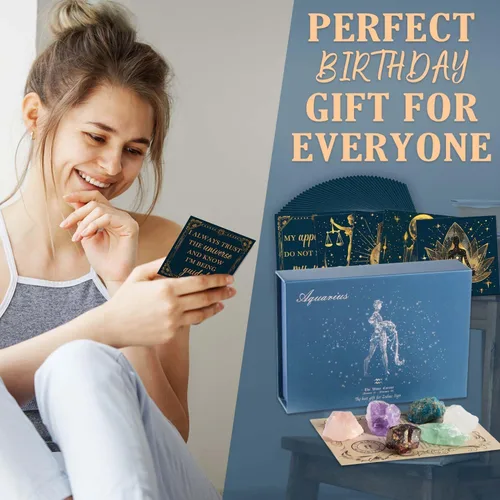 Vista 6 de Faivykyd Regalo de cristales de acuario para mujer, 6 piedras del zodiaco de acuario con 50 tarjetas de afirmación de mantras milagrosos, regalos