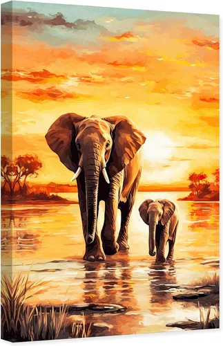 Vista 9 de ARTZGX Lienzo abstracto de elefante para pared, pintura de elefante colorido y elefante bebé, marco decorativo de vida silvestre africana