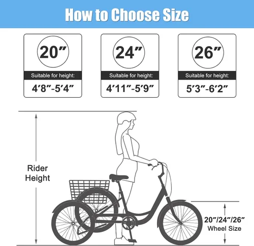 Vista 6 de Slsy Triciclo para adultos de 7 velocidades, 20/24/26 pulgadas, bicicleta de 3 ruedas para adultos con cesta de compras grande, capacidad de 350