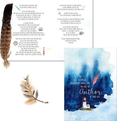 Vista 9 de Smiling Wisdom - Tarjeta de felicitación de Quill You are the Author of Your Life y juego de regalo de sabiduría de sentimiento de plumas, nuevo