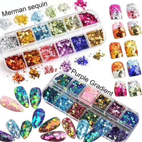 Vista 2 de 2 cajas de 24 colores camaleón holográfico con purpurina de sirena, arte de uñas, lentejuelas, copos 3D, degradado láser, diseño de purpurina