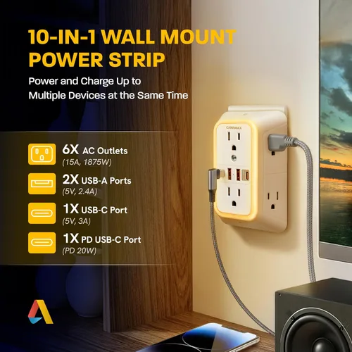 Vista 2 de Extensor de toma de pared de enchufe múltiple, divisor de 6 salidas y 4 puertos USB con carga rápida PD USB-C de 20 W, luz nocturna inteligente