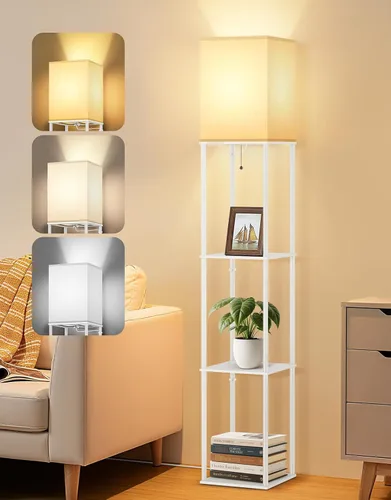 Vista 10 de OUTON Floor Lamp with Shelves, Modern Square Standing Shelf Lamp, Black Black & Square