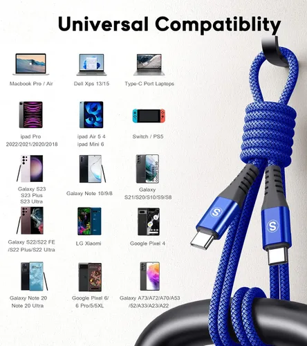 Vista 7 de Cable USB C a USB C de 100 W de carga rápida de nailon trenzado de 3.3 pies, paquete de 2 unidades, azul sweguard Cable de carga tipo C