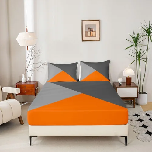 Vista 4 de Juego de sábanas de triángulo geométrico, color naranja, gris oscuro, gris claro, juego de ropa de cama individual para adolescentes y niñas, juego