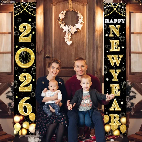 Vista 9 de KatchOn XtraLarge Pancarta de Feliz Año Nuevo 2026 – 72 x 12 pulgadas Pancarta de puerta de Feliz Año Nuevo negra y dorada para decoraciones