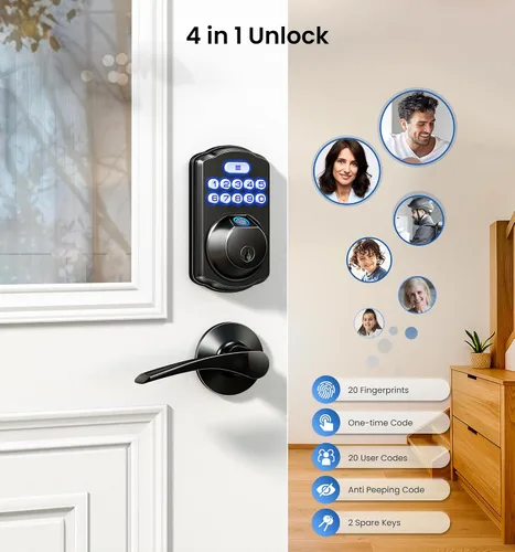 Vista 3 de Veise KS02A - Cerradura de puerta de entrada sin llave de huellas dactilares, bloqueo automático, cerrojo electrónico para puerta delantera Negro