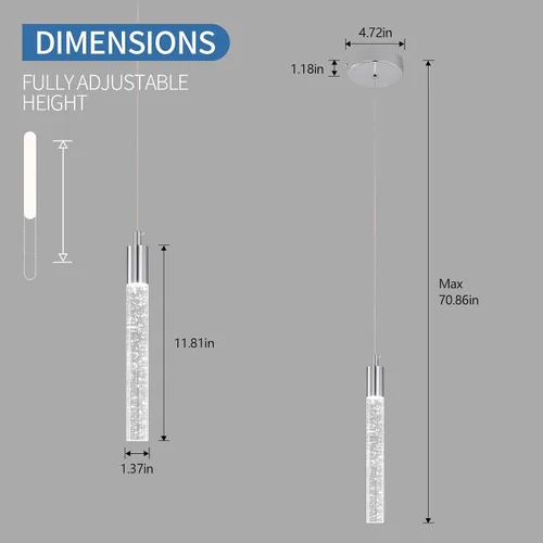 Vista 5 de Iluminación colgante moderna para isla de cocina, lámpara colgante regulable LED con acabado cromado, mini iluminación colgante de cristal