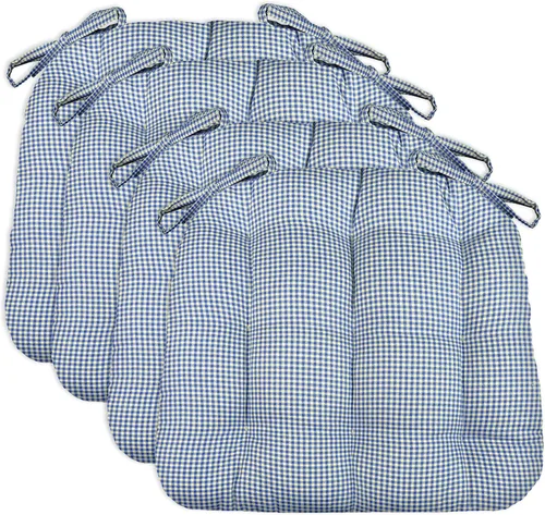 Vista 110 de Barnett Home Decor Ticking Stripe Berlin Blue - Almohadilla para silla de comedor con lazos, tamaño mediano 18, relleno de espuma de látex, lavable