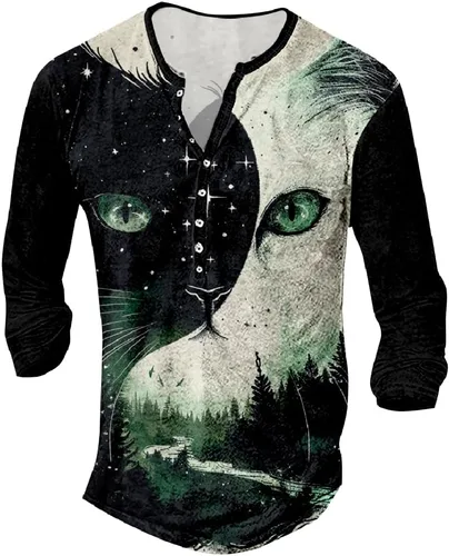 Vista 23 de MARSVOVO Camisetas Henley para hombre, camisetas gráficas artísticas, cuello en V, sin cuello, manga larga, casual, ajustadas, camisas