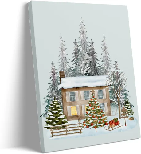 Vista 9 de Arte de pared de pueblo de invierno, encantadoras casas de pueblo cubiertas de nieve, escena nocturna acogedora, arte de pared, decoración navideña