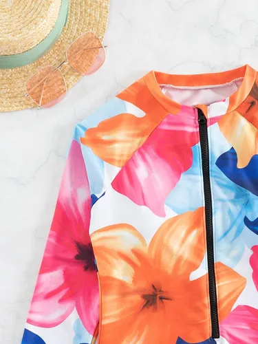 Vista 3 de WDIRARA Traje de baño de una pieza de manga larga para mujer, con estampado geométrico, cremallera frontal, control de abdomen