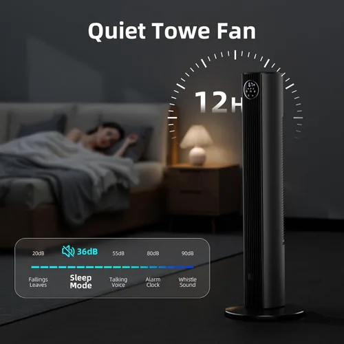 Vista 5 de Antarctic Star Ventilador de torre portátil de piso Ventilador oscilante de 85°, refrigeración silenciosa, temporizador de 12H, control remoto, sin