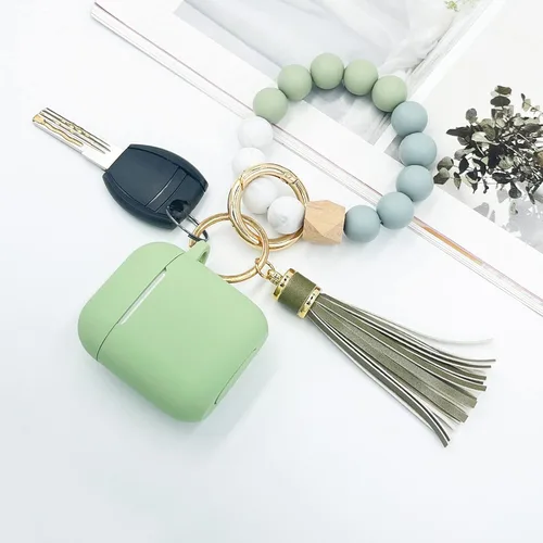 Vista 2 de Funda compatible con AirPods, funda protectora de silicona suave con llavero de pulsera, compatible con Apple AirPods de 2ª generación de 1ª Verde
