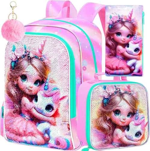 Vista 12 de 3 piezas de mochilas infantiles para niñas, 41 cm, mochila escolar preescolar y lonchera con diseño de unicornio/sirena/flamenco Mochila