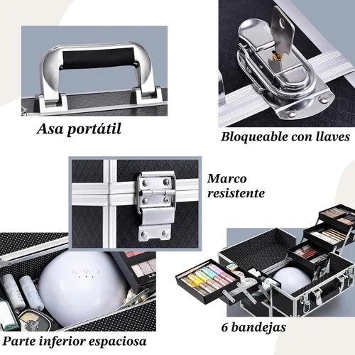 Vista 4 de Frenessa - Maletín de maquillaje portátil de 12 pulgadas, 6 bandejas de maquillaje, organizador de maquillaje profesional con llaves con cerradura