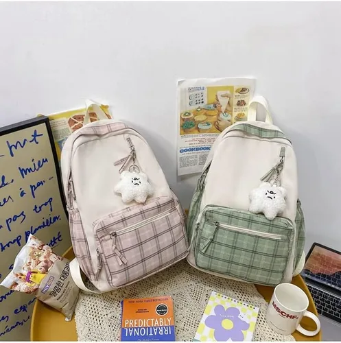Vista 4 de CYee Mochila estética a cuadros con colgante Cutecore Kawaii Daypacks para el regreso a clases suministros Fairycore a cuadros, Rosado