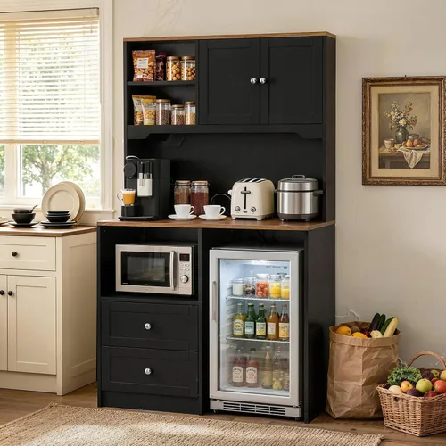 Vista 2 de 72" Kitchen Pantry Storage Cabinet with Fridge Space, Black
