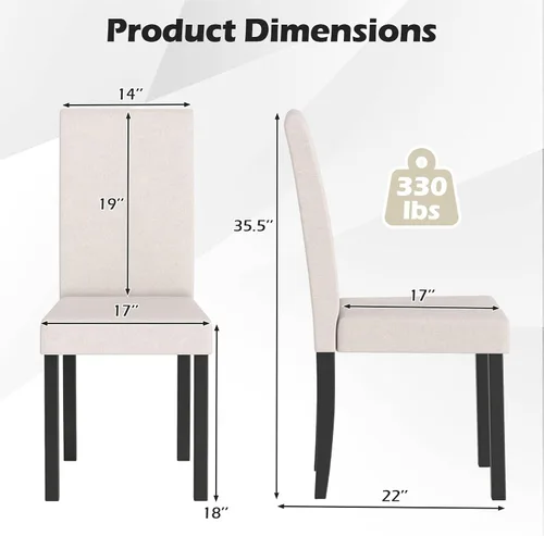 Vista 3 de COSTWAY Juego de 2 sillas de comedor sin brazos de tela, sillas laterales tapizadas de cocina con patas de madera de goma, asiento acolchado y Beige