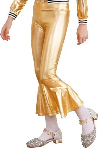 Vista 3 de JEATHA Pantalones acampanados metálicos brillantes para niñas y niñas, pantalones de baile de discoteca con parte inferior de campana, pantalones
