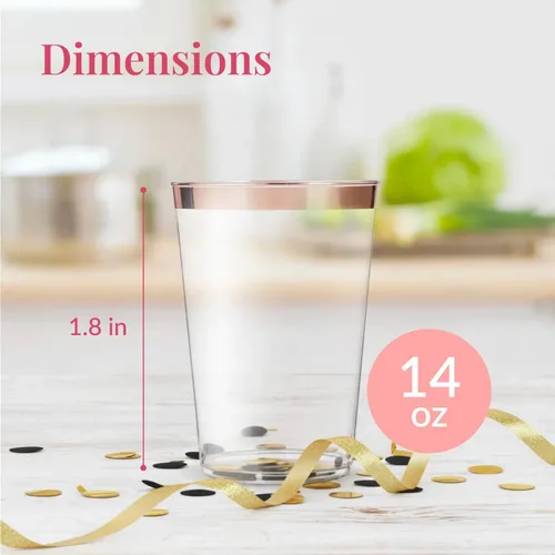 Vista 3 de Prestee Paquete de 50 vasos de plástico desechables de 14 onzas, copas de vino de plástico con borde rosa de alta resistencia, vasos desechables