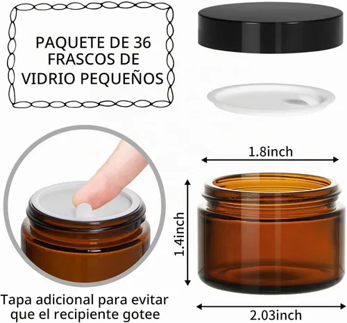 Vista 2 de KEYWING Tarros de vidrio ámbar de 1 oz con tapas negras, paquete de 36 tarros pequeños redondos de vidrio para cosméticos con forros interiores