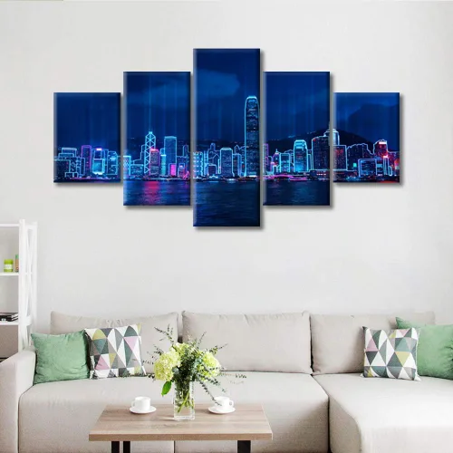 Vista 204 de Cuadros de 5 paneles de Cyberpunk City, arte de pared, representación de vallas publicitarias, edificios modernos en la capital con obras de arte