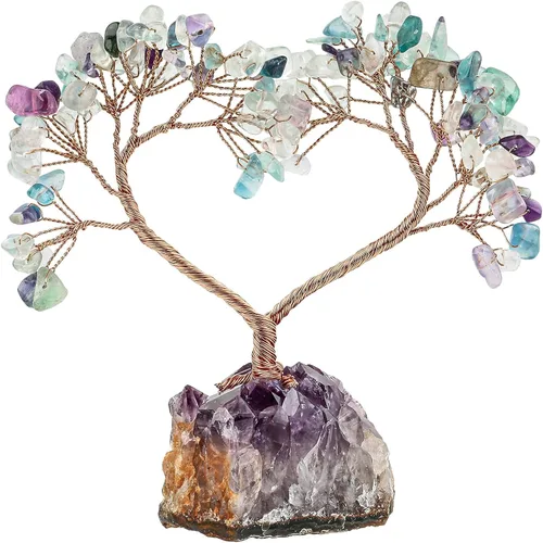 Vista 9 de TUMBEELLUWA Árbol de dinero con piedras de cristal con base de racimo de amatista natural, hecho a mano, figura de amor, árbol bonsái para buena