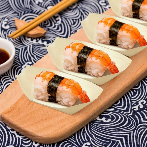Vista 5 de Hemoton 100 botes desechables de bambú para sushi, bandeja de madera biodegradable, 5.5 x 3.14 x 1.57 pulgadas, 100 piezas, para sushi, aperitivo