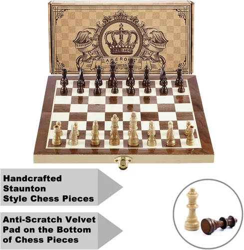 Vista 6 de AMEROUS Juego de ajedrez magnético de madera de 12 x 12 pulgadas para niños y 6 años en adelante, 2 reinas adicionales, tablero plegable con ranuras