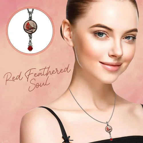 Vista 3 de Lola Bella Gifts and Spirit Lala - Collar cardenal reversible con almas de plumas rojas con parte trasera Love Never Dies y tarjeta de poema, caja