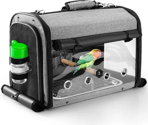 Vista 8 de Bolsa transportadora de pájaros jaula de viaje para pájaros con soporte, transportador de pájaros pequeño para loro, bolsa de viaje portátil