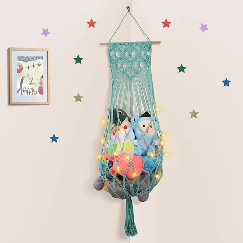 Vista 16 de Almacenamiento de Animales de Peluche de 68 Pulgadas, Hamaca Jumbo de Macramé para Animales de Peluche en Esquina, Hamaca Colgante de Pared y Techo
