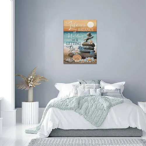 Vista 2 de Lienzo inspirador de playa costera, arte para pared, diseño de piedras zen, puesta de sol y océano, decoración de pared, citas de vida, impresiones