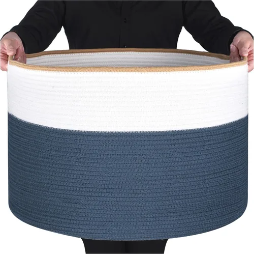 Vista 11 de MINTWOOD Design Canasta decorativa extra grande de 22 x 14 pulgadas de cuerda de algodón tejida para almacenamiento de mantas, cesta para la sala