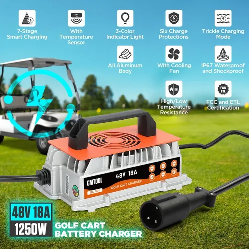 Vista 2 de CMTOOL - Cargador de batería de carrito de golf de 48 V 18 A para Club Car, cargador automático inteligente de 1250 W, enchufe redondo de 3 pines