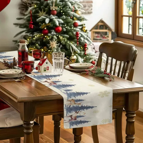 Vista 5 de Camino de Mesa de Ciervos Navideños de Campo - Algodón y Lino de 36 Pulgadas, Bufandas para Tocador Navideñas, Árbol de Navidad Acuarela Alce