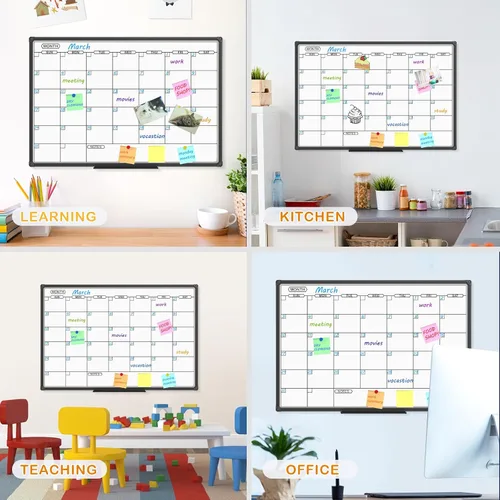 Vista 3 de JILoffice Calendario de Pizarra Blanca de Borrado en Seco - Calendario de Pizarra Blanca Magnética Mensual 36 X 24 Pulgadas, Marco de Aluminio Negro