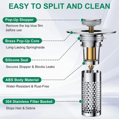Vista 6 de Colador de drenaje para lavabo de baño, tapón emergente para lavabo atrapa cabellos, cesta de filtro de drenaje de acero inoxidable Ysilver-2