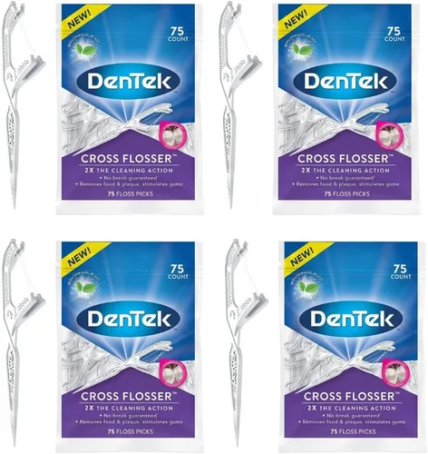 Vista 3 de DenTek Cross Flosser - Púas de hilo dental con control de placa, hilo dental único en forma de X, hebras de hilo con infusión de fluoruro, sabor