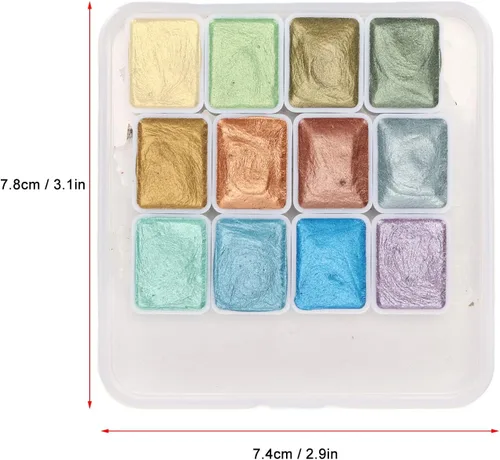 Vista 4 de Juego de pintura de acuarela de 12 colores, pintura metálica con purpurina para colorear al agua, acuarela nacarada, pigmento sólido
