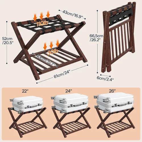 Vista 4 de HOOBRO Portaequipajes, soporte plegable para equipaje, soporte de maleta de bambú para habitación de invitados, con estante de soporte de correa