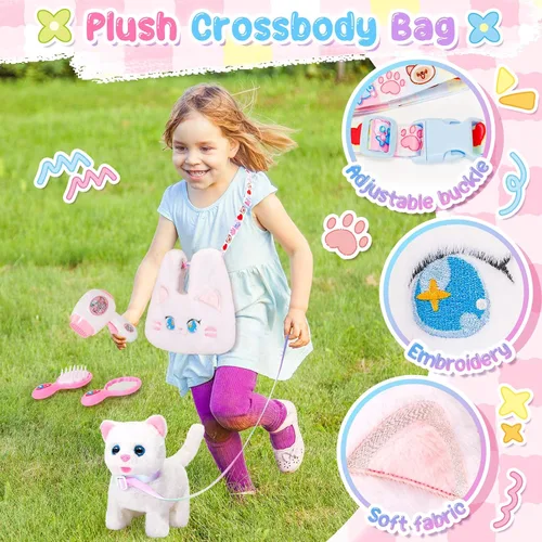 Vista 5 de NINAOR Juguetes interactivos para gatos para niños con bolsas bandolera, peluche de gato con correa para caminar y maullar, juguete de robot gatito