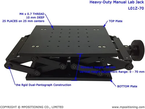 Vista 3 de L01Z-70 - Mesa elevadora de aluminio para laboratorio, tamaño de plataforma de 160 x 220, movimiento suave en eje Z de 2.756 in, carga de soporte