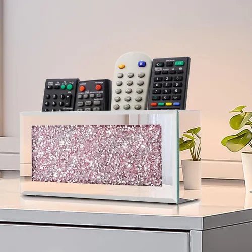 Vista 4 de Pibeyer Soporte de pared para control remoto con espejo, organizador remoto de diamante plateado aplastado, caja de almacenamiento decorativa
