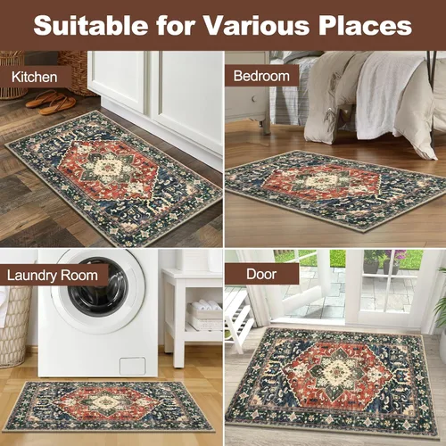 Vista 7 de Yamaziot Tapete lavable de 2 x 3 pulgadas, para entrada pequeña, antideslizante, estilo bohemio vintage, reverso de goma, lana sintética de pelo