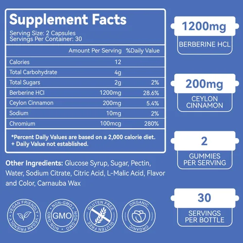 Vista 3 de Gomitas de berberina con canela de Ceilán, suplemento HCI de berberina de 1200 mg para metabolismo y apoyo energético, vegano, sin gelatina, 60